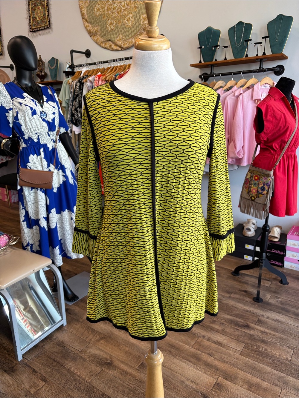 Ali Miles Yellow & Black Patterned Long Sleeve Tunic